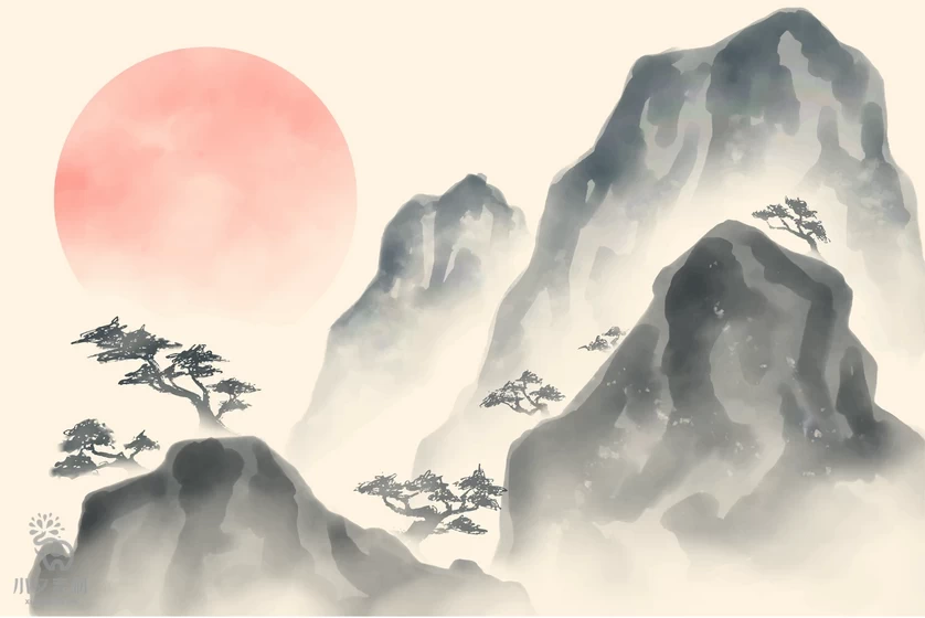 中国风中式禅意水彩水墨山水风景国画背景图案插画AI矢量设计素材【017】